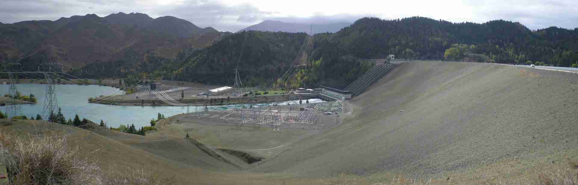Panoramic view of Benmore Dam in the Waitaki Valley, Canterbury, New Zealand