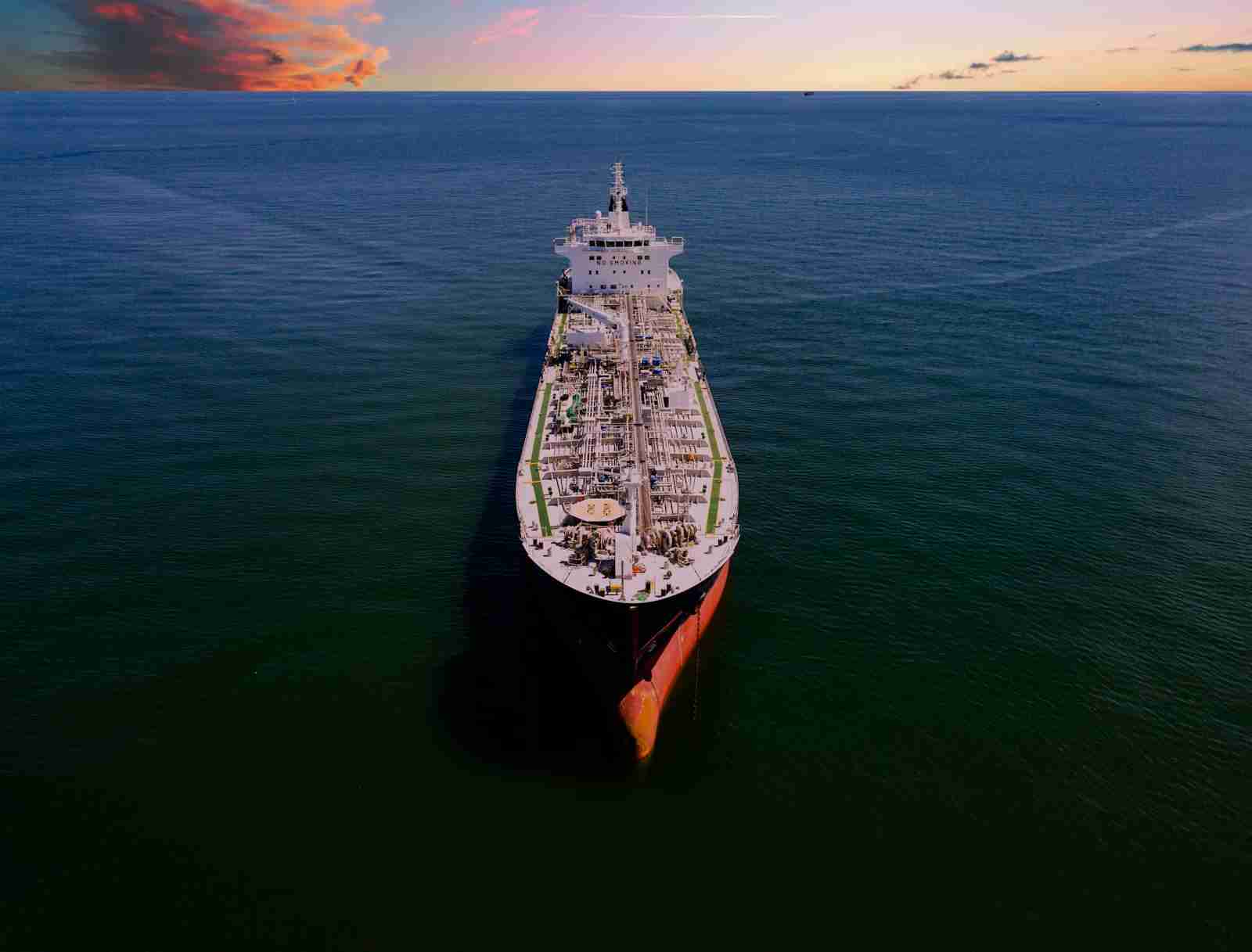 An oil tanker at sea, photographed from above