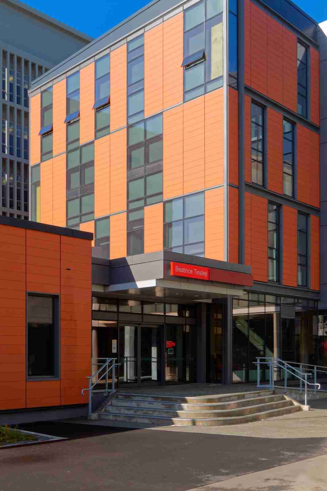 Modern timber-framed academic building at the University of Canterbury named after Beatrice Tinsley.