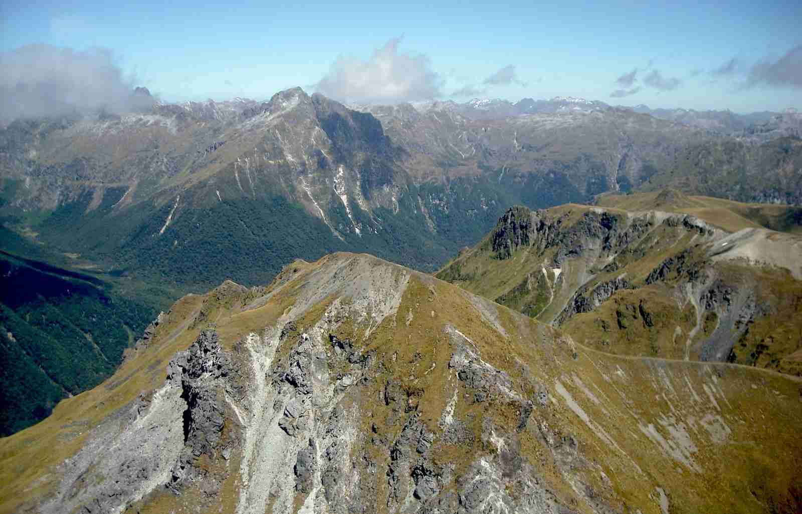 Alpine ridgeline view of the Kepler Mountains, taken from the summit of Mount Tinsley.