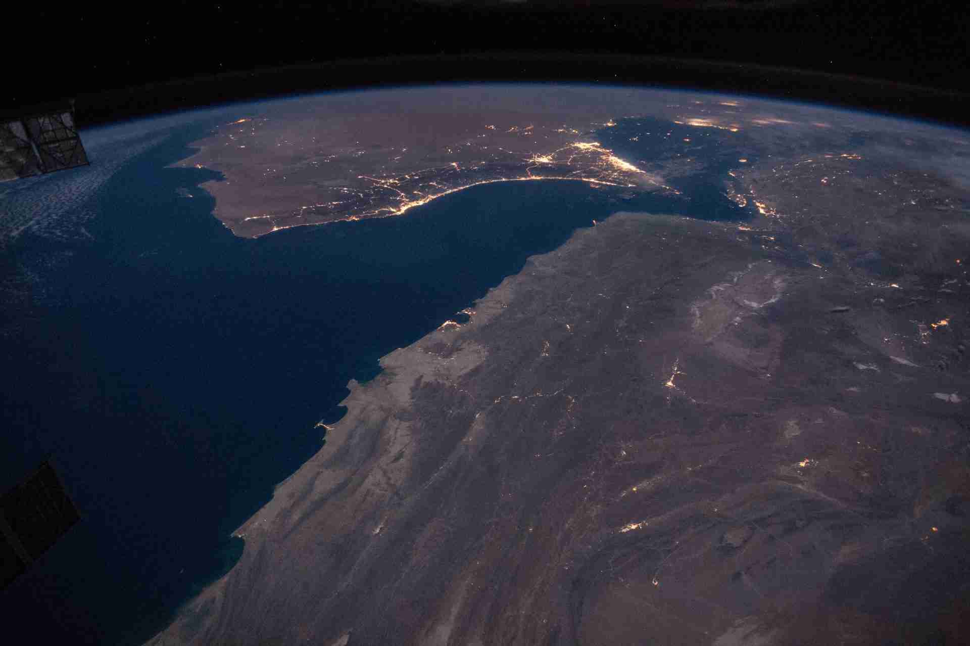 Night view of the Strait of Hormuz and Gulf of Oman from the International Space Station