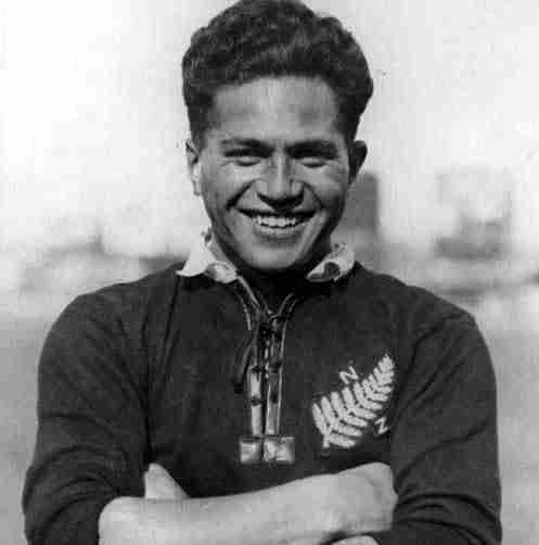 Black-and-white studio portrait of George Nepia in All Blacks jersey, c. 1924, aged 19.