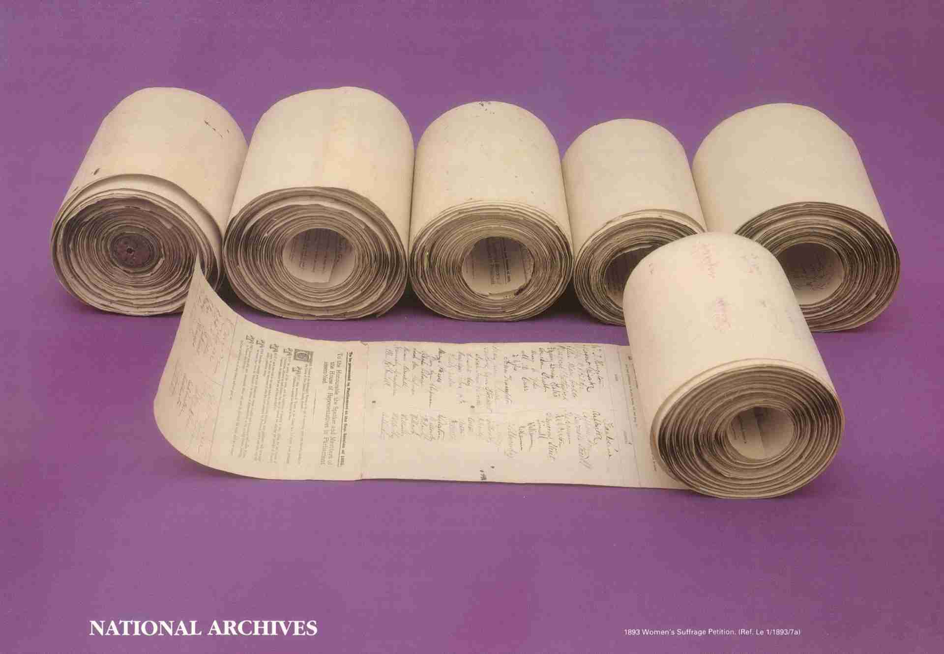 A long unfurled paper roll with handwritten signatures, the 1893 Women's Suffrage Petition.