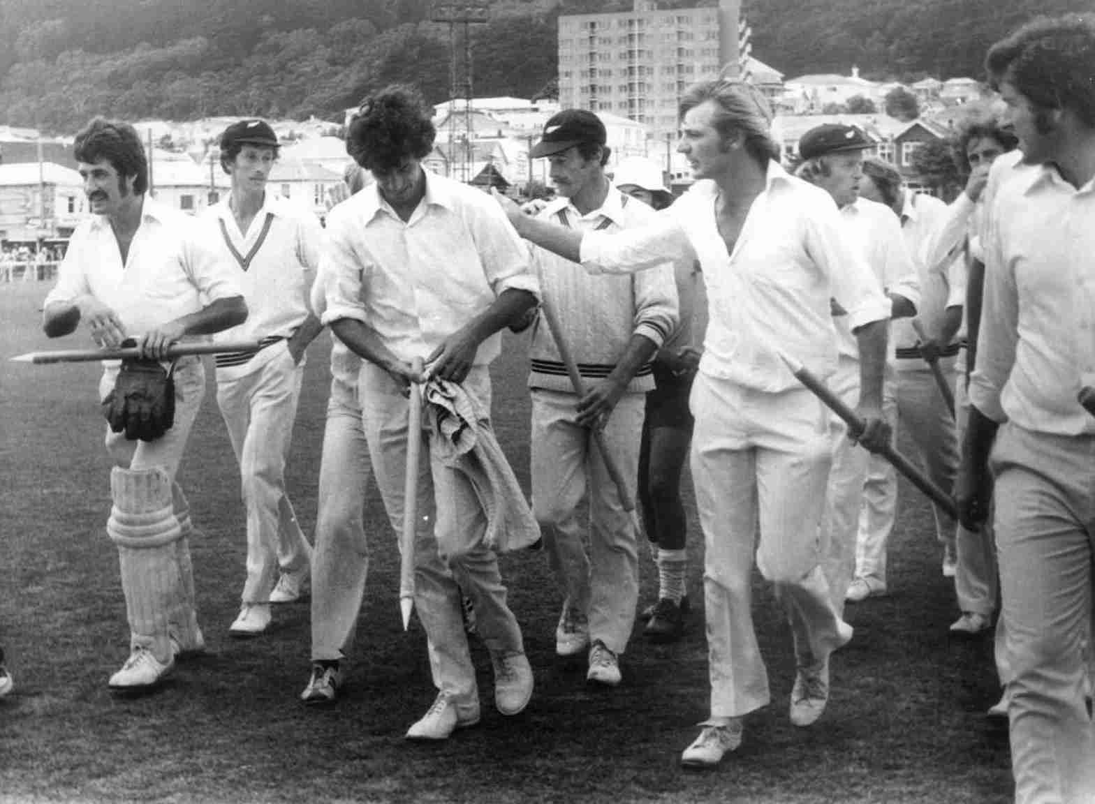 The New Zealand cricket team in the dressing-room after defeating England in the second Test at the Basin Reserve, Wellington, 15 February 1978