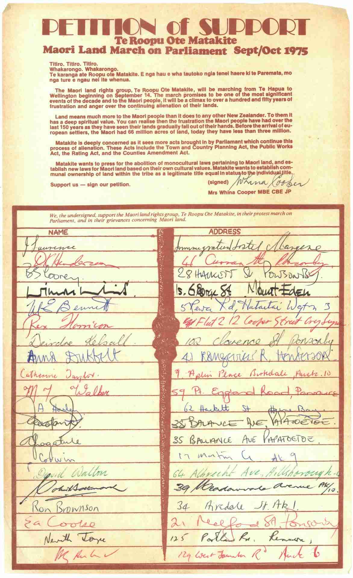A signed sheet of the petition supporting the 1975 Māori Land March, delivered to Parliament alongside the memorial of rights