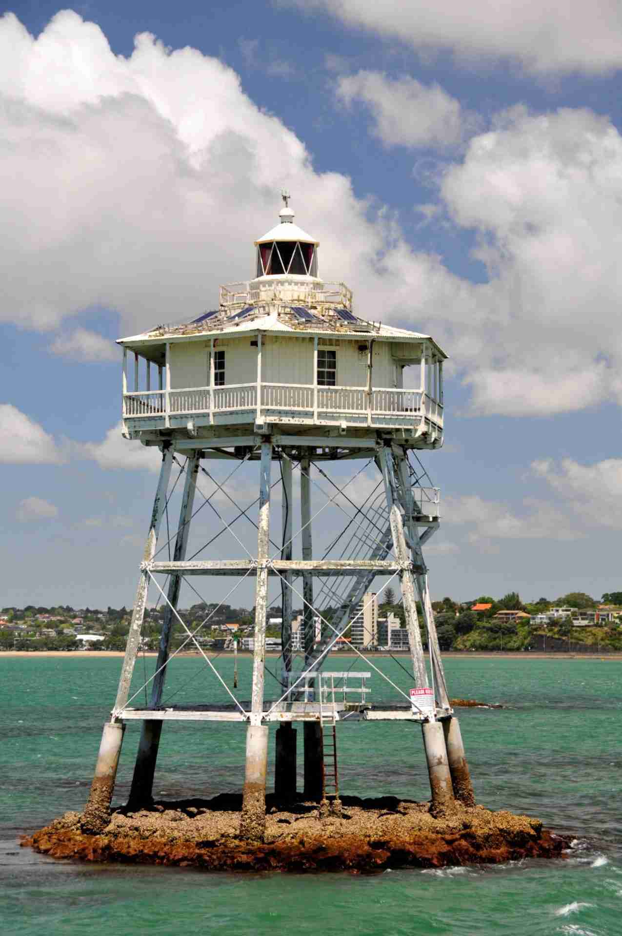 Bean Rock Lighthouse, a wooden cottage lighthouse standing in Auckland Harbour