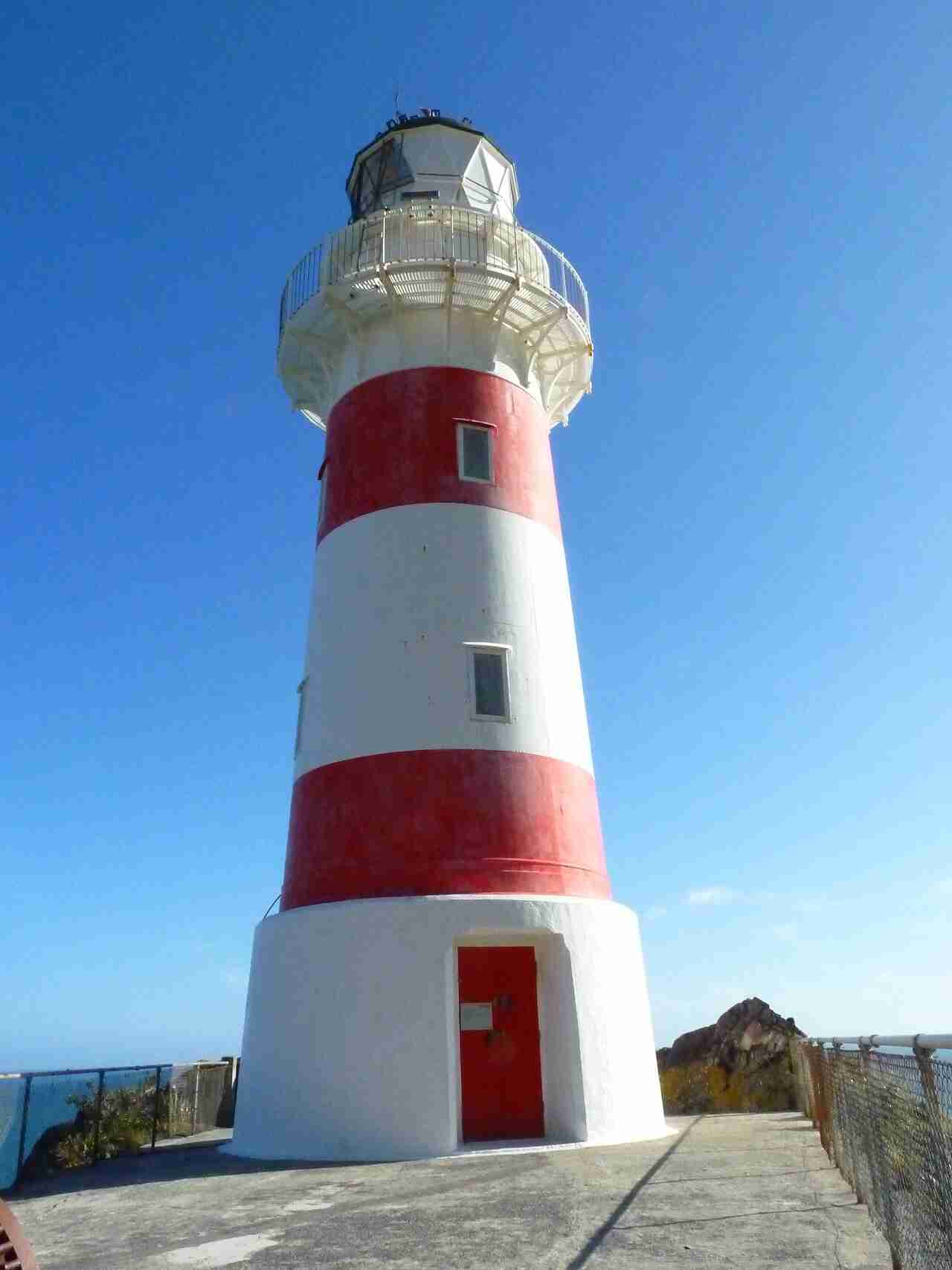 The red and white striped Cape Palliser Lighthouse in the Wairarapa