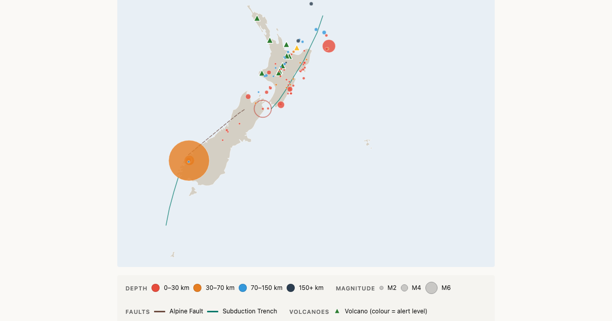 Map of New Zealand showing the magnitude 6.3 earthquake near Te Anau on 16 July 2026 as a large orange circle over Fiordland